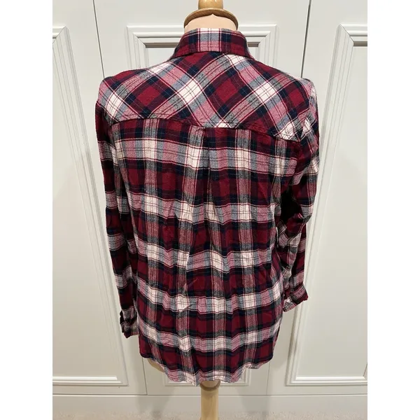 Lucky Brand Women's Plaid Flannel Button Up Shirt‎ Size Medium Burgundy Navy - Image 3