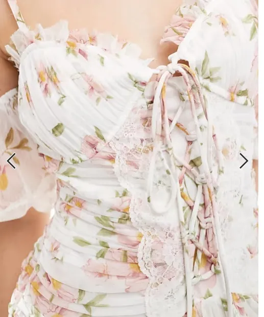 ASOS DESIGN lattice bodice bardot sleeve frill midi dress in floral print - Image 2