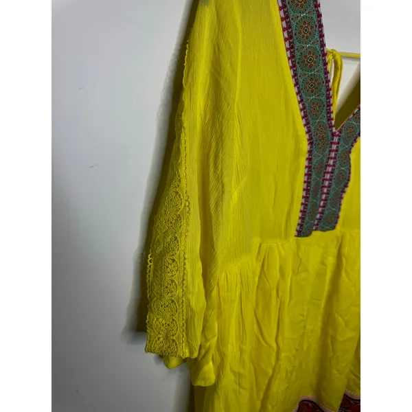 White Mark Yellow Embroidered Tunic Dress L Boho Kimono Sleeve Beach Coverup - Image 4