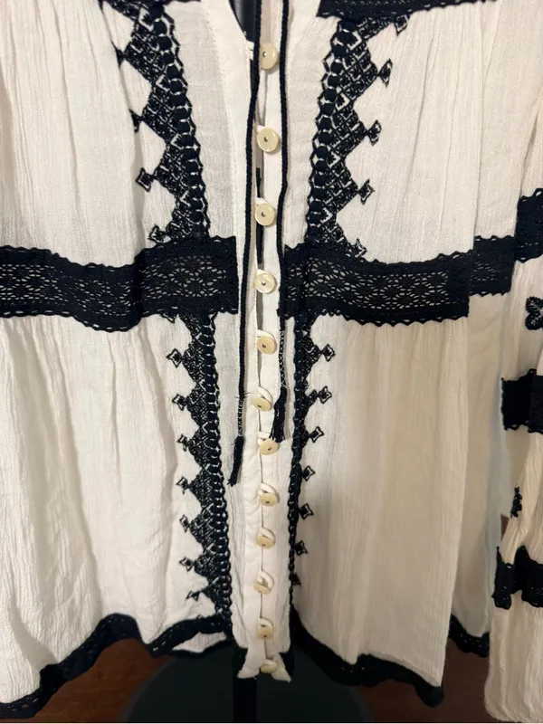 Free People White Button Down Top Black Embroidery & Lace Detail Boho Festival - Image 6