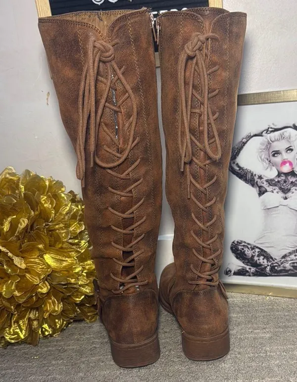 Brown faux leather tie up boots Size 6 - Image 2