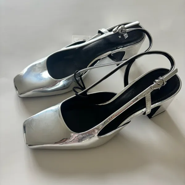 Zara silver metallic block heel slingback pumps - Image 4