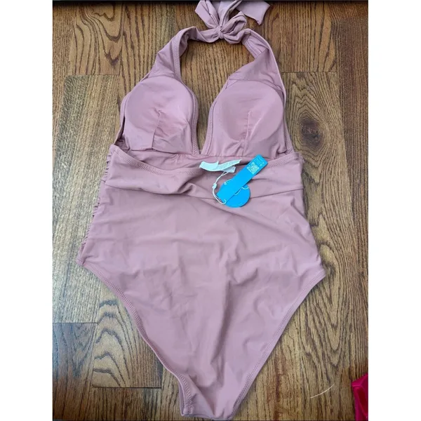 Cupshe Women's Plunge Halter Backless Ruched Dusty Rose Swimsuit Size Large New - Image 3