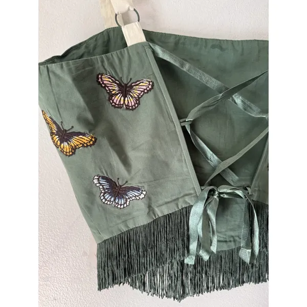 EDDY Green Floral Butterfly Needlepoint Fringe Crop Corset Top Size Large - Image 4
