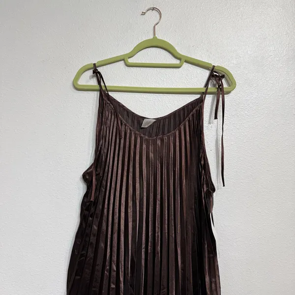 Annabelle Brown Satin Pleated Tie Strap Midi Dress Sz L NWT - Image 3