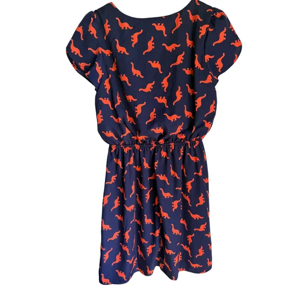Peach Love California Dinosaur Print Dress Small Navy Orange Puff Sleeve Mini - Image 7