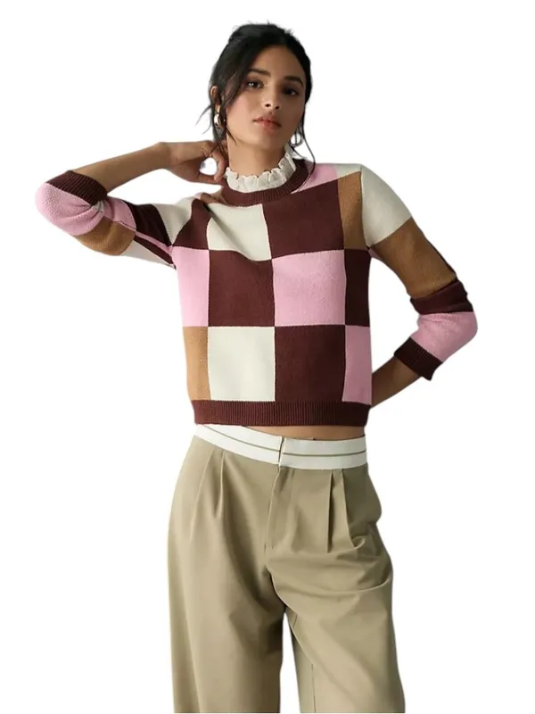 By Anthropologie Plaid Ruffle Collar Pullover Sweater Size M - Image 2