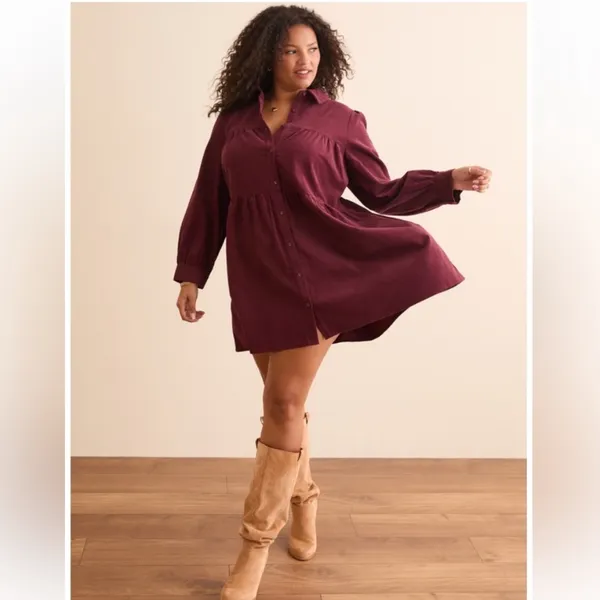 Arula Burgundy Corduroy Tiered Short Dress 1X NWT - Image 2