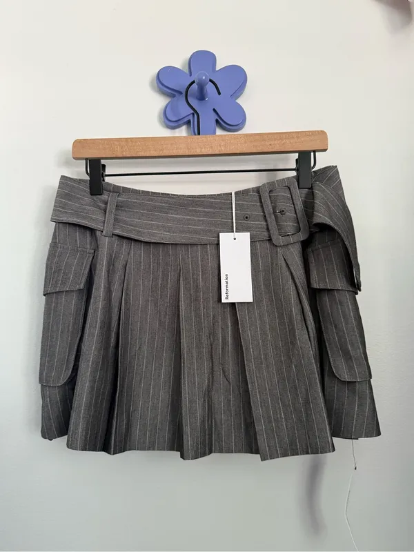 Reformation 6 NEW Brinley Mini Skirt Grey Stripe Academia Preppy Belted Grunge - Image 2