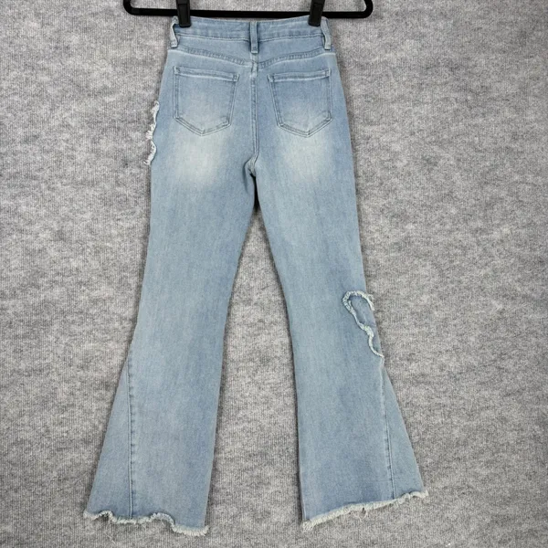 YMI Size-8 Girl Light Wash Butterfly Patchwork Flare Leg Jeans Distressed Frayed - Image 2