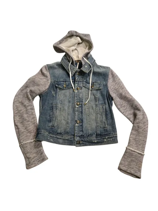 Free People | Distressed Knit Sleeve Denim Jacket S Grunge Hooded‎ Streetwear - Image 2