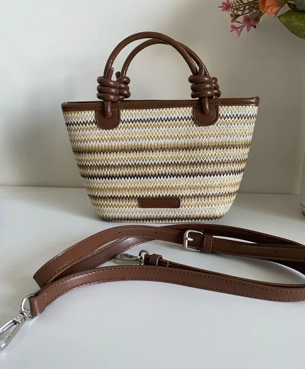 Women’s stylish beige brown handwoven Straw Fabric Tote crossbody shoulder Bag - Image 3