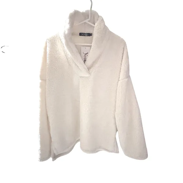 NWT Yeokou‎ Womens Cream Sherpa Fleece Pullover Sweatshirt Cozy Warm L - Image 4