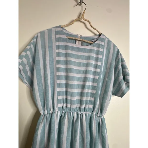 Vintage 80s/90s Rosy Route Striped Midi Dress | Blue & White Panels | Size M - Image 3