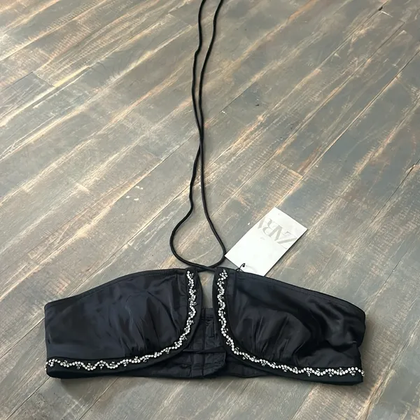 NWT Zara Black Satin‎ Diamond Encrusted Halter Top Size Small - Image 4
