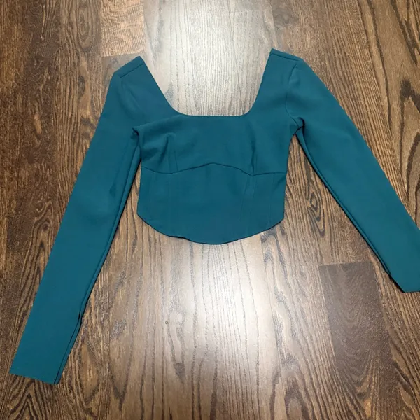 Abercrombie & Fitch Teal Square-Neck Long Sleeve Crop Top - Image 4