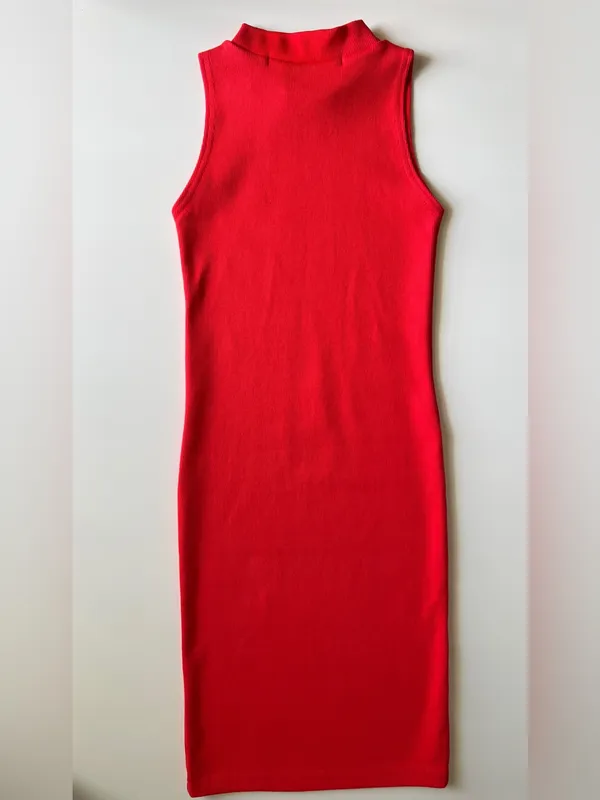 Red Ribbed Bodycon Mini Dress XS Sleeveless Mock Neck Stretch Fitted Chic - Image 4