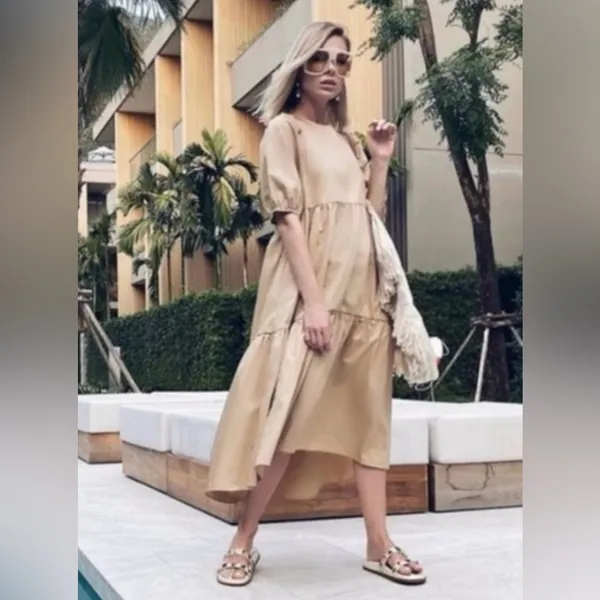 ZARA Asymmetric Puff Sleeve Tiered Cotton Poplin Midi Dress‎ in Camel Size XS - Image 5