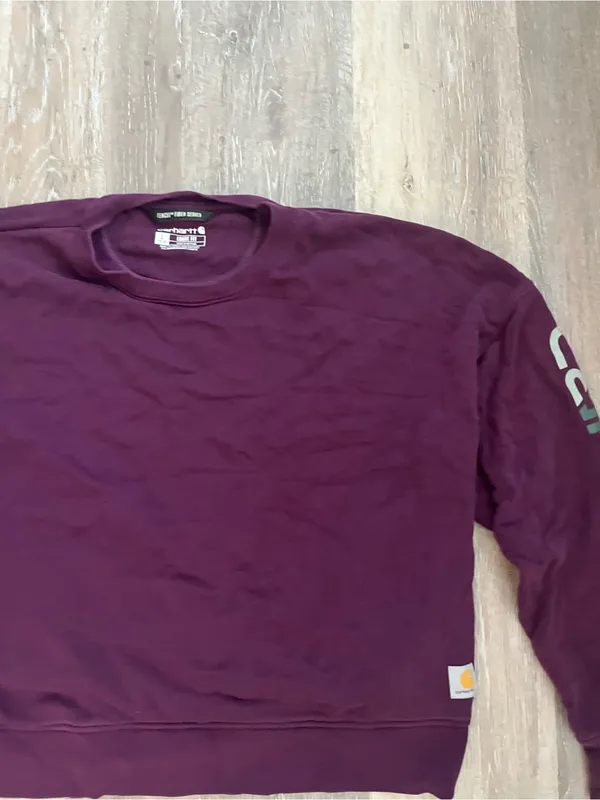 Carhartt Tencel Sweatshirt Womens Large Burgundy Loose Fit Cropped Sleeve Logo - Image 7