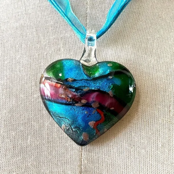 Blue heart glass blown pendant necklace on cord - Image 2