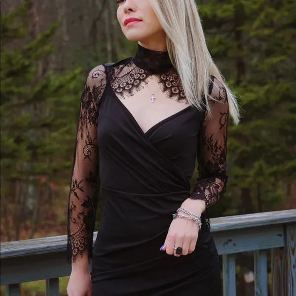 Women's Black Mock Neck Long Lace Sleeve Cocktail Mini Dress Size Medium - Image 2