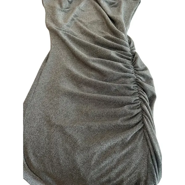 Dress Forum Los Angeles Metallic Shimmer Ruched Mock Neck Midi Dress Silver Gold - Image 4