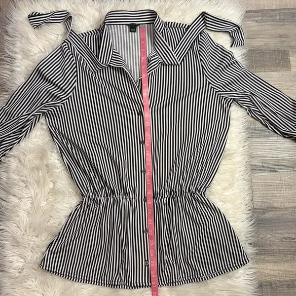 Ann Taylor striped stretch button front top blouse tie neck blouson sleeves S - Image 8