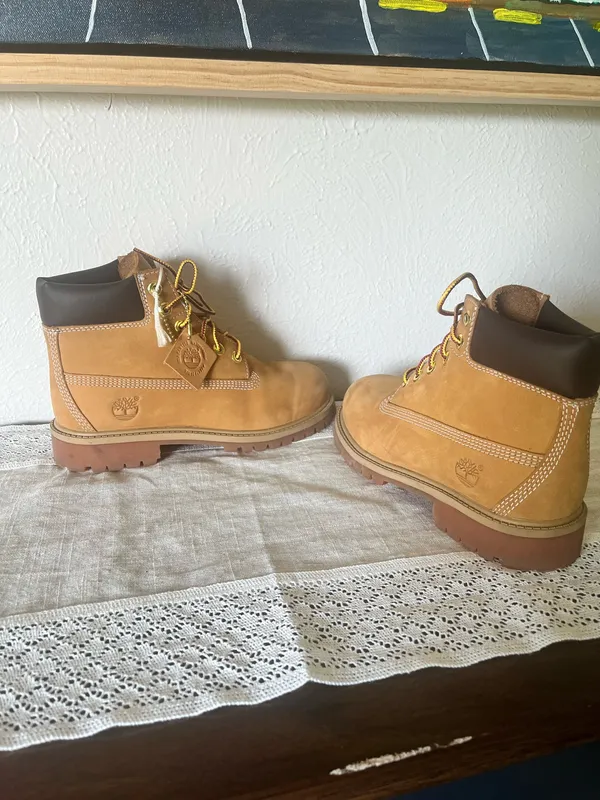 Timberland 6-Inch Premium Waterproof Boots in Wheat Nubuck color, boys size 3. - Image 3