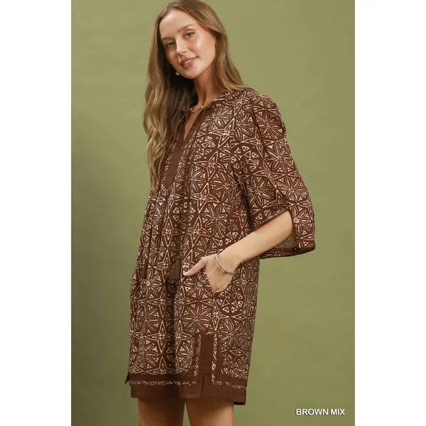 Umgee Mix Geometric Print V-Neck Tassel Detail Tunic Dress‎ - Brown Mix - Medium - Image 2