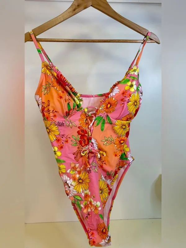 New with Tags Floral Tie-Front One-Piece Swimsuit - Pink & Orange - Image 3