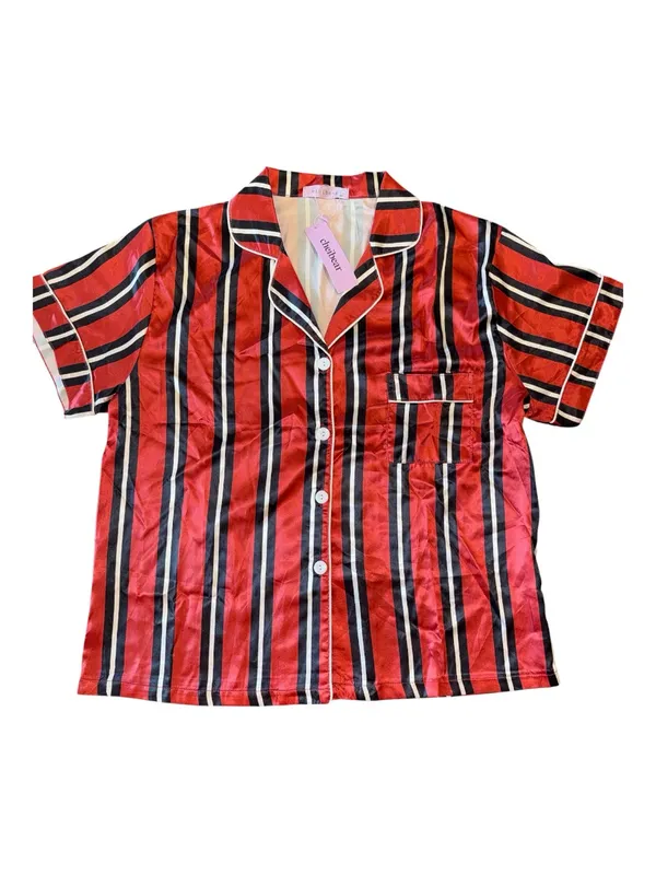Women’s Orange Striped Satin Pajama Set - Classic Short Sleeve & Pants - Image 2