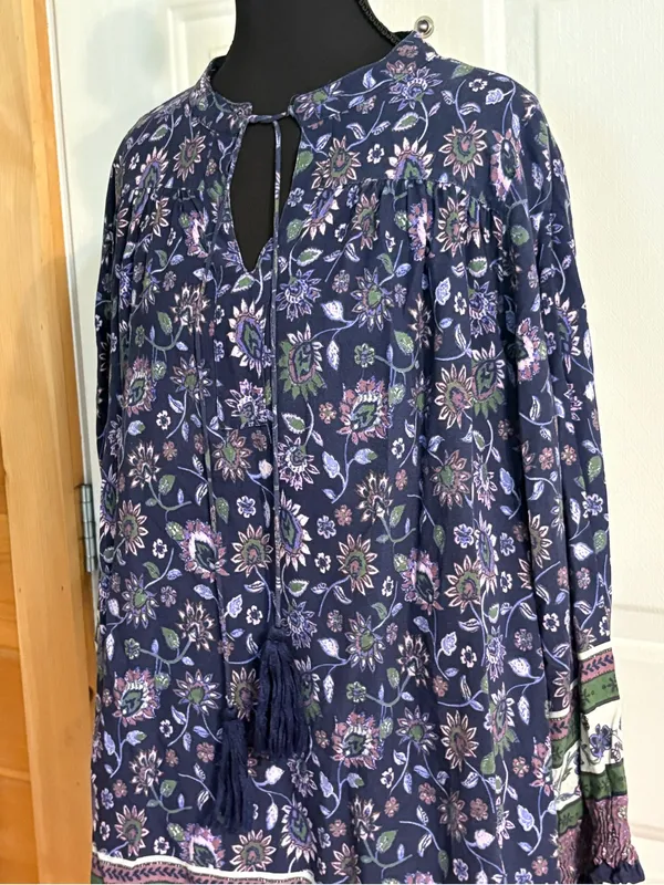 NATURAL LIFE Navy Floral Boho Tie-Neck Long Sleeve Tunic Dress size Small - Image 2