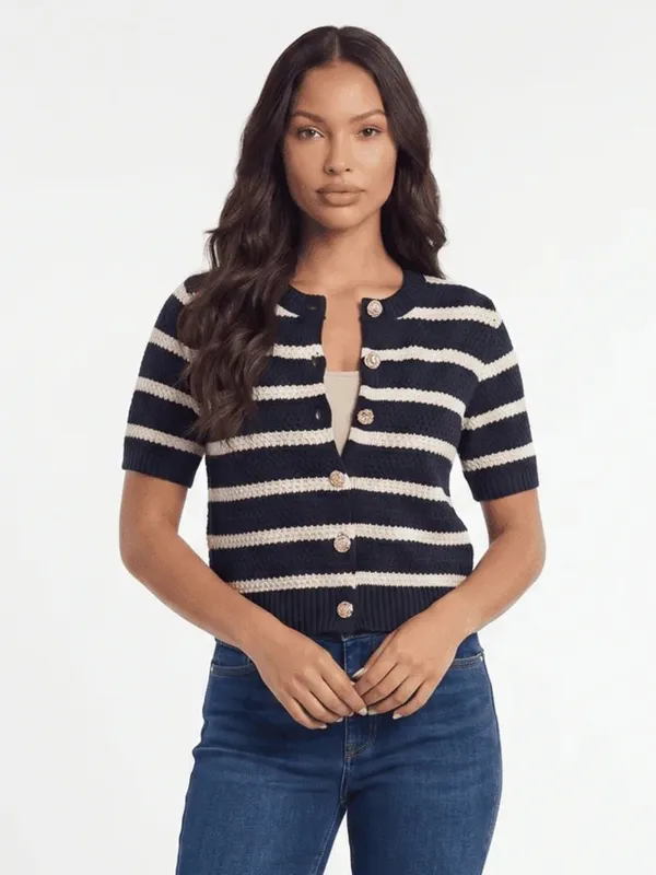 Striped Navy and White Short-Sleeve Knit Cardigan Size Large NEW - Image 4