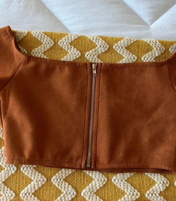 Sabo Skirt Brown Faux Suede Off Shoulder Crop Top - Image 4