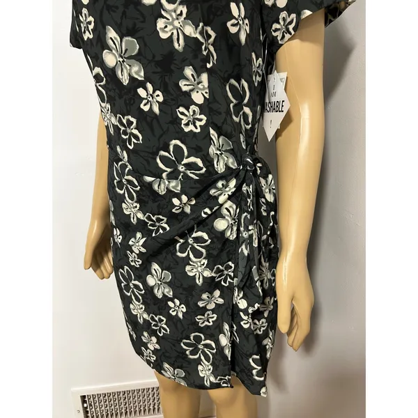 Bentley Vintage Floral Short Sleeve Side Tie Sheath Dress Green Black White 12 - Image 3