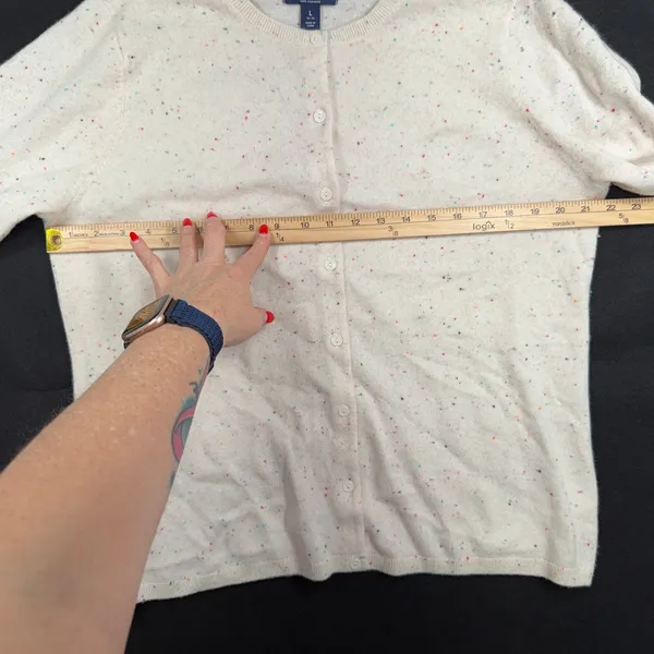 Lands End L Cardigan Sweater Cream Rainbow Speckled Cashmere Classic Button Up - Image 8