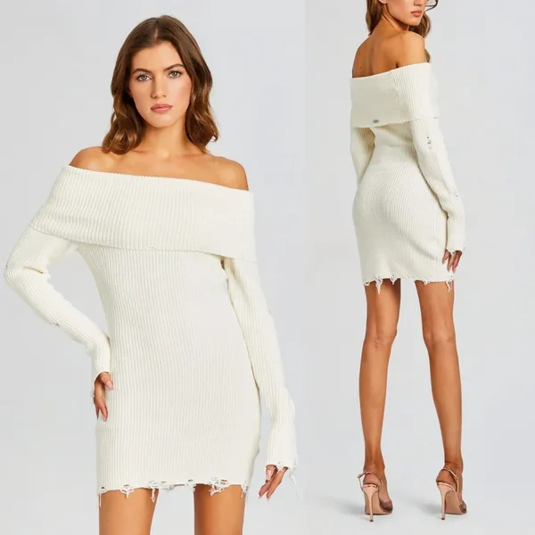 Ser.o.ya | Everleigh‎ Distressed Knit Off-Shoulder Mini Dress in Winter White - Image 2