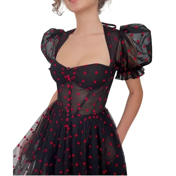 Heart Print Tulle Corset‎ Midi Dress Small Black Red Goth Coquette Prom Formal - Image 2