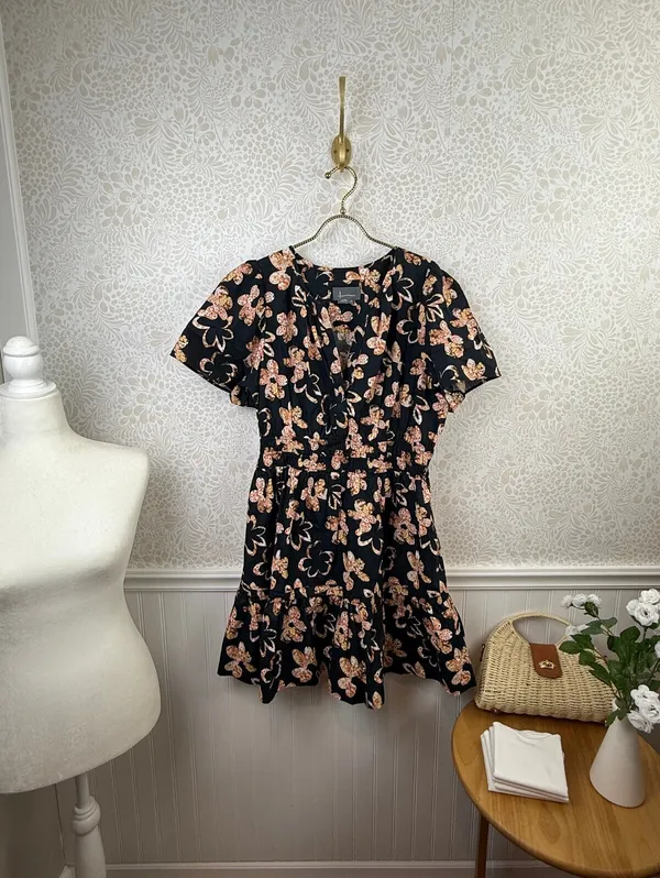 Anthropologie Black 100% Cotton Floral Print Somerset Mini Dress - Size - XL - Image 5