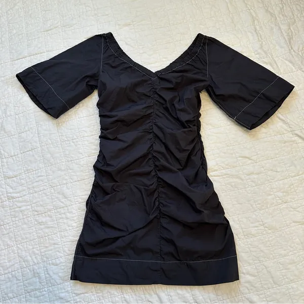 Ganni Cotton Black Ruched Dress 38 Medium Contrast Stitch - Image 2