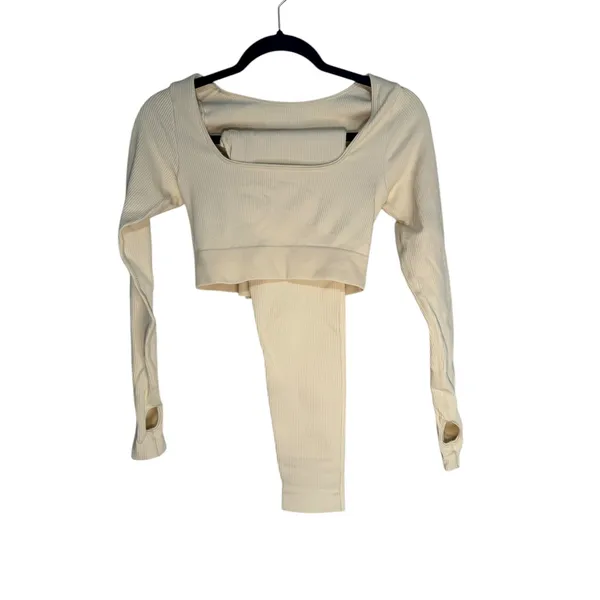 Ribbed‎ Long Sleeve Crop Top Thumbhole Leggings Set Workout Athleisure Cream M - Image 7