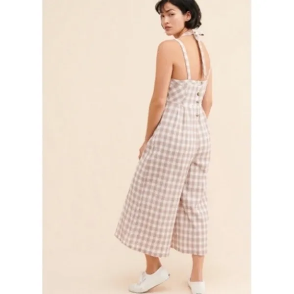Free People Zuzu Seersucker Wide Leg Crop Jumpsuit Natural Gingham Cottagecore - Image 2