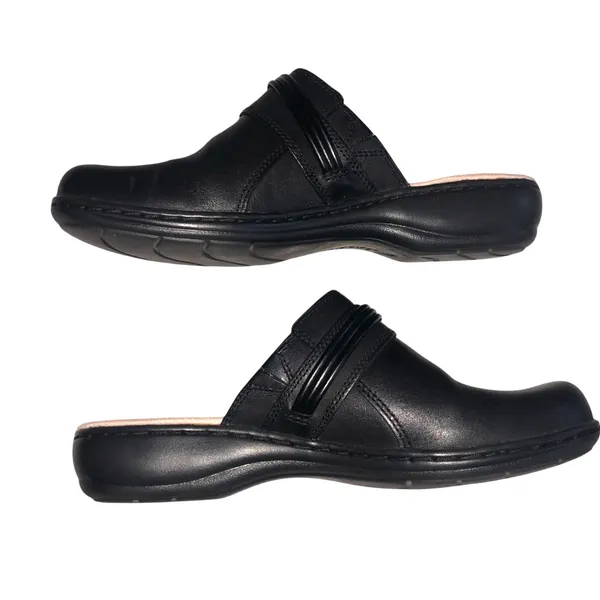 Clarks Collection Black Leather Clog Mules Size 7.5 Comfort Boho Slip On Shoes - Image 3