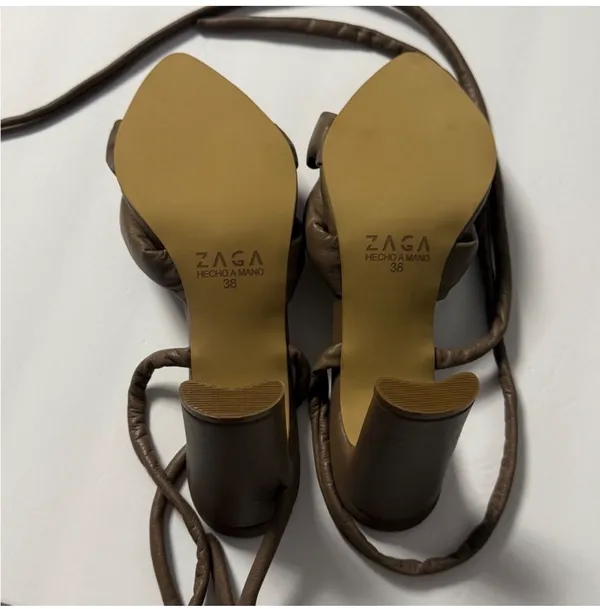 ZAGA Handcrafted Brown Leather Lace-Up Puffy Knot Strappy Heels - Size 38 - Image 3