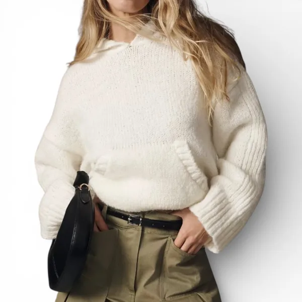 PILCRO Anthropologie‎ Cream Chunky Knit Oversized Hoodie Sweater Women Large - Image 3