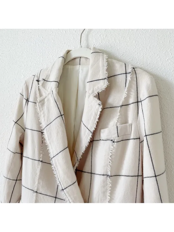 Wool Cashmere Windowpane Plaid Blazer Cream Black Size XS? Luxury Neutral - Image 3