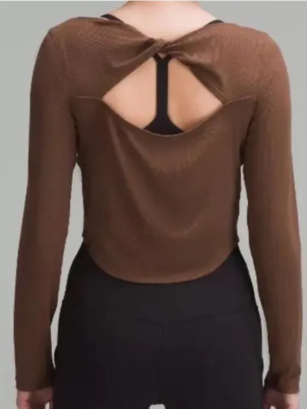 Lululemon ribbed brown longsleeve with open back detail - Image 2