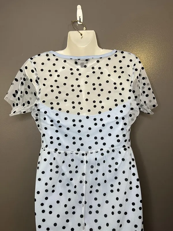 Wednesday's Girl Dress Womens Small Polka Dot Mesh Sheer Fit Flare Midi Blue - Image 7