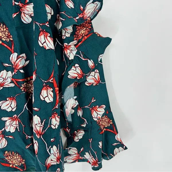 Miss Me Womens Small Teal Floral Ruffle Sleeve Blouse NWT Boho Keyhole - Image 2