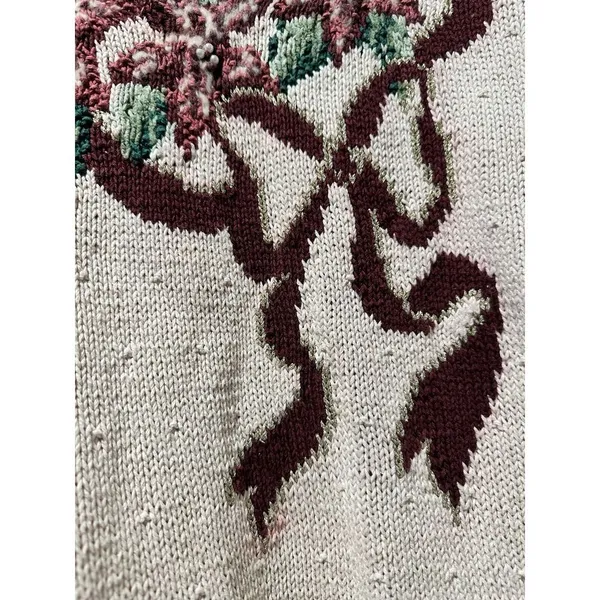 Vntg Talbots Christmas Holly Poinsettia Sweater Womens XL Bow Ivory Knit By Hand - Image 2